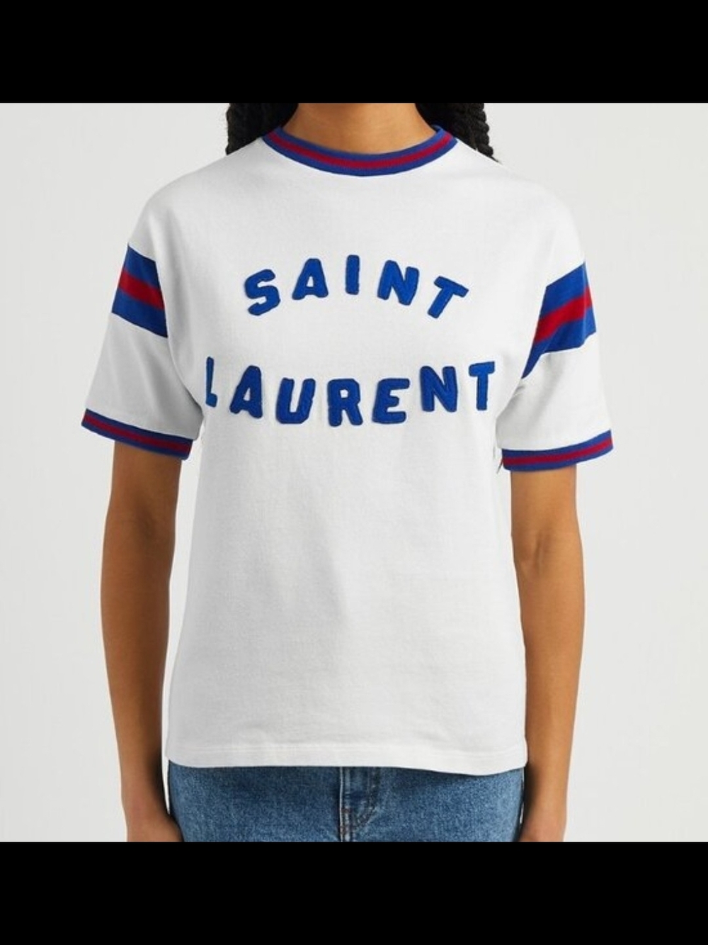 Saint Laurent Womans White Logo Tee with Blue & Red Trim